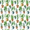 Watercolor seamless pattern with home plants in clay pots and straw basket