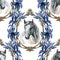 Watercolor seamless pattern horses with antique frame. Designed for decorating furniture, surfaces, walls, interiors