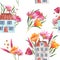 Watercolor seamless pattern with a house in California poppy, cosmea flower, echinacea. Illustration for your design of