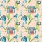 Watercolor seamless pattern with house, couple of birds, nest and small blue flowers.