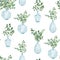 Watercolor seamless pattern house green plants in glass vase with branches eucalyptus set. Eco natural minimalistic illustration.