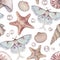 Watercolor seamless pattern with illustration of luna moth, seashells and pearls, Actias luna isolated on white.