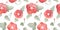 Watercolor seamless pattern with illustration of red tomato, green leaves, blooming flowers isolated on white background