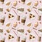 Watercolor seamless pattern with illustrations of coffee cup, coffee beans, coffee grinder, cappuccino, latte and desserts