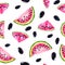 Watercolor seamless pattern with the image of a watermelon. Juicy pulp and seeds for print design, banner, poster, cover,