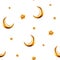 Watercolor seamless pattern with Islamic arabian golden crescent moons and stars on illustration isolated on background