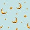 Watercolor seamless pattern with Islamic arabian golden crescent moons and stars on illustration isolated on background