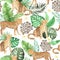 Watercolor seamless pattern with jungle leopard animals