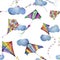 Watercolor seamless pattern with kites and clouds. Hand drawn vintage kite with retro design. Illustrations isolated on