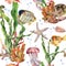 Watercolor seamless pattern with laminaria branch, coral reef and sea animals. Hand painted jellyfish, starfish