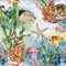 Watercolor seamless pattern with laminaria branch, coral reef and sea animals. Hand painted jellyfish, starfish