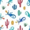 Watercolor seamless pattern of landscape with lizard and cacti isolated on white background.