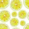 Watercolor seamless pattern of lemon fruit slices.