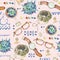 Watercolor seamless pattern of lifestyle objects.