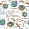 Watercolor seamless pattern of lifestyle objects.