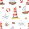 Watercolor seamless pattern with a lighthouse, anchor, helm, ships