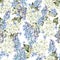 Watercolor seamless pattern with lilac flowers and leaves.