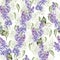 Watercolor seamless pattern with lilac flowers and leaves.