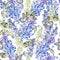 Watercolor seamless pattern with lilac flowers and leaves.