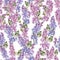 Watercolor seamless pattern with lilac flowers and leaves.