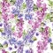 Watercolor seamless pattern with lilac and pansy flowers and leaves