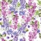Watercolor seamless pattern with lilac and pansy flowers and leaves.