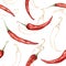 Watercolor seamless pattern of linear chilli. Hand painted gold peppers isolated on white background. Autumn harvest