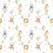 Watercolor seamless pattern with lion, zebra, giraffe, monkey on balloons on white background