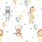 Watercolor seamless pattern with lion, zebra, giraffe, monkey on balloons on white background