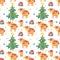 Watercolor seamless pattern with little cute bulls and  Christmas trees