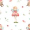 Watercolor seamless pattern with a little garden fairy strawberry sitting on a tree stump and an amanita mushroom