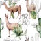 Watercolor seamless pattern with llama and desert cacti. Hand painted botanical illustration with lama animal and plants
