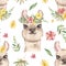 Watercolor seamless pattern with llama, possum, flamingo, toucan, coyote and tropical plants.