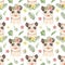 Watercolor seamless pattern with llama, possum, flamingo, toucan, coyote and tropical plants.