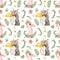 Watercolor seamless pattern with llama, possum, flamingo, toucan, coyote and tropical plants.