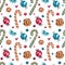 Watercolor seamless pattern with lollipops, candies and decor elements
