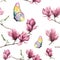 Watercolor seamless pattern with magnolia and butterfly. Hand painted floral ornament with insect object isolated on