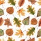 Watercolor Seamless pattern with maple leaf, oak leaves and other forest leaves and branches.Beautiful autumn background in green