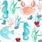 Watercolor seamless pattern of the marine theme- crab, fish, seahorse, seaweed, coral on white background. Hand drawn