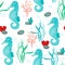 Watercolor seamless pattern of the marine theme- seahorse, seaweed, coral on white background. Hand drawn illustration