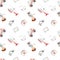 Watercolor seamless pattern with medical tools, ambulance, doctor, helicopter on a white background