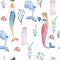 Watercolor seamless pattern with mermaids.