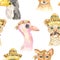 Watercolor seamless pattern with mexican cute cartoon animals.