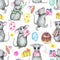 Watercolor seamless pattern with mice, gifts, balloons, cake and