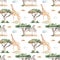 Watercolor seamless pattern of mom and baby giraffes, zebras in the African savannah with acacias and dry grass on a white