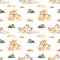 Watercolor seamless pattern mom and baby lions and leopards in the African savannah with dry grass on a white background