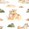 Watercolor seamless pattern mom and baby lions and leopards in the African savannah with dry grass on a white background