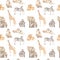 Watercolor seamless pattern mom and baby with lions, leopards, elephants, giraffes, zebras, lemurs, monkeys on a white background