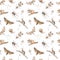 Watercolor seamless pattern with moths, ant, beetle, spider, snail, mushroom, branches on a white background