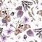 Watercolor seamless pattern with moths and flowers. Dark mystical colors